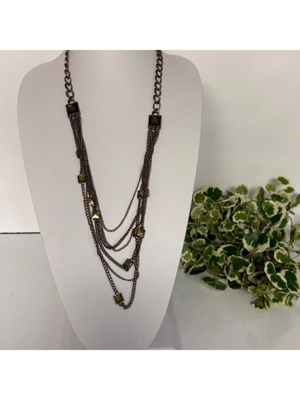 Layered Bronze-Tone Chains Necklace Green Accents Adjustable Length 28-30 Inches